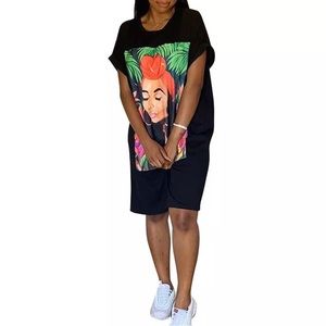 Oversized T Shirt Dress Women Short Sleeve Character Print Tunic Mini Streetwear